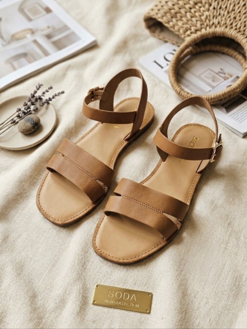 SODA Women's Brown Faux Leather Ankle Strap Buckle Flat Sandals New Sz 10
